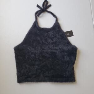 CLUBEXX Tank Top Womens Large Black Fuzzy Halter Cropped Party Grunge Whimsigoth